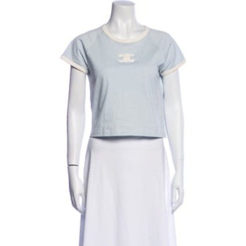 Celine Paris Baby Blue Ringer Tee Shirt Trefoil Logo Short Sleeve Top